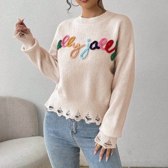 Apricot Casual Women's Round Neck Long Sleeve Letter Patchwork Knit Sweater - Picture 6 of 8